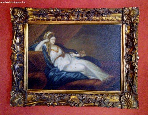 Kedvese miniatűr portréját nézegető hölgy. Barokk stí