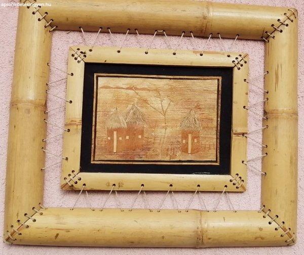 Bambuszkeretes Afrikai kézműves falikép, papirusz, és sz