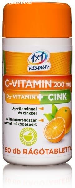 1x1 Vitaday C-vitamin 200 mg + D3 + cink narancs ízű rágótabletta (90 db)