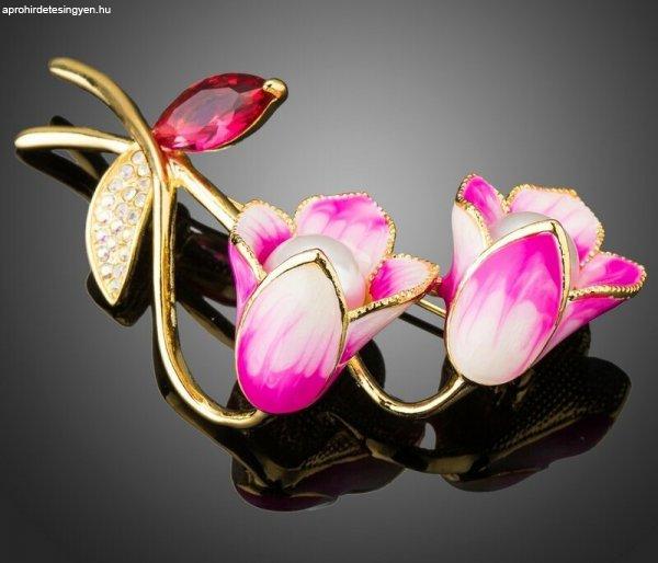 Arannyal bevont pink-fehér olajfestéses virág bross