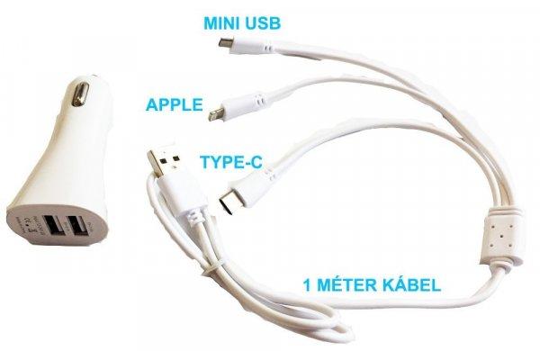 Szivargyújtós telefon-tablet töltő 2-es USB töltő M-USB/Apple/Type-C 12V
2.1A 