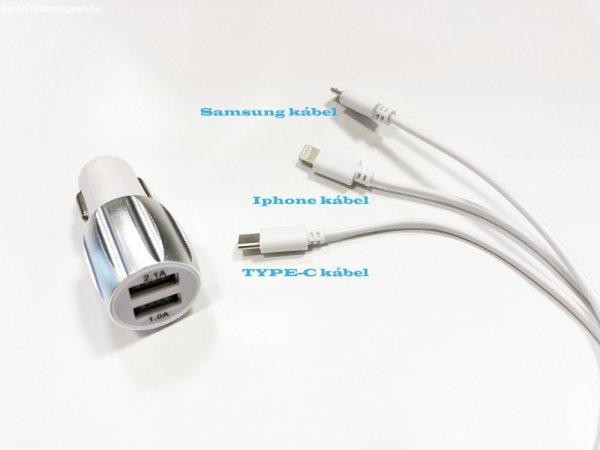 Szivargyújtós telefon-tablet töltő 12/24V 2-es USB töltő
M-USB/Apple/Type-C 2.1A 