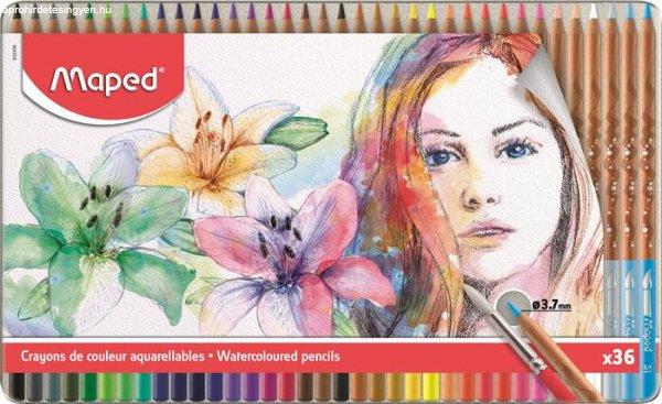 Akvarell ceruza készlet, ecsettel, fém doboz, MAPED Artists, 36 különböző
szín
