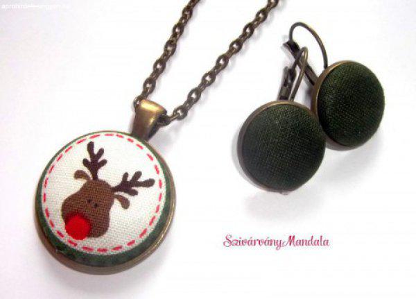 Textil gomb ékszer, Szett - Karácsonyi Rénszarvas - zöld fül