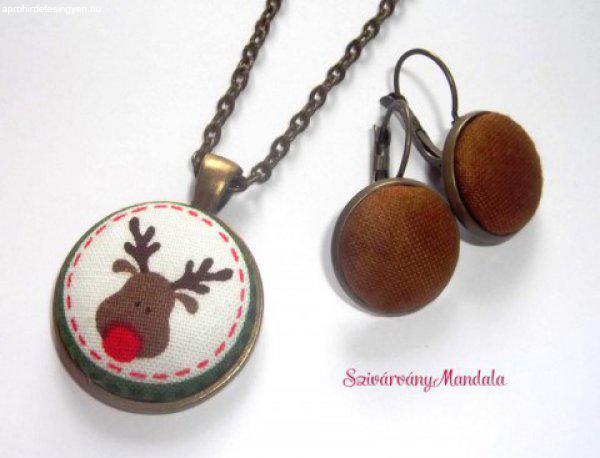Textil gomb ékszer, Szett - Karácsonyi Rénszarvas -barna fül