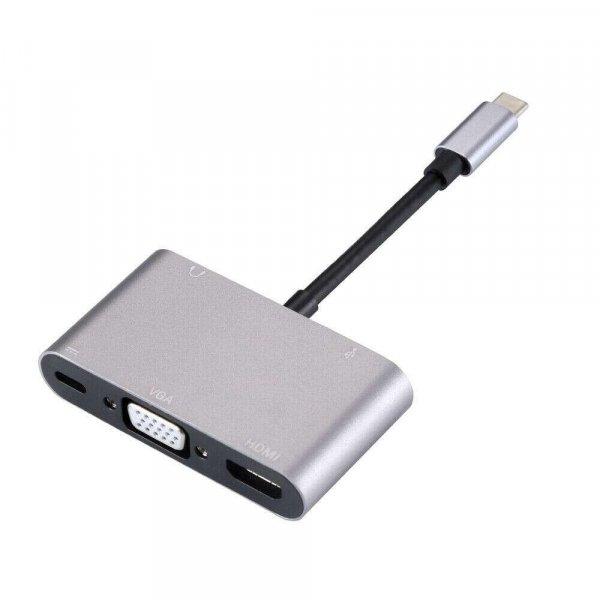 5 az 1-ben USB elosztó, USB-C-ről 1db HDMI anya, 1db VGA anya, 1db USB-C anya,
1db USB 3.0, 1db 3.5 jack, ezüstszín-fekete