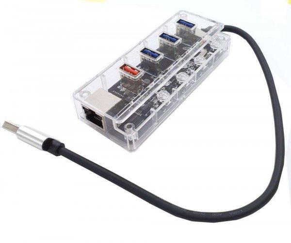 5-portos USB Hub Elosztó/Töltő, BYL-1719U (USB-A -> 3xUSB3.0, 1xQC2.0
töltő, 1xEthernet), átlátszó