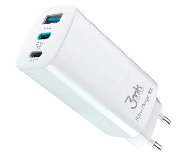 Hálózati gyors töltőfej, 1X USB / 2X Type-C, fehér, QC3.0, 65W, 3mk
GaN-001EU