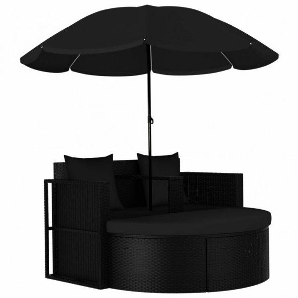 Fekete polyrattan kerti ágy napernyővel