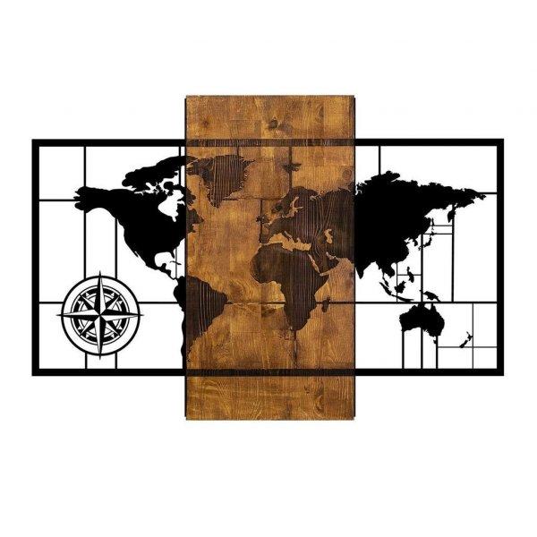 Fém világtérképes fali dekoráció, fa hátlappal, diófa-fekete - DEPART -
Butopêa