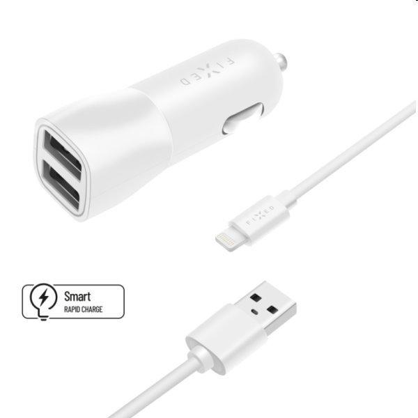 FIXED Autós töltő Smart Rapid Charge 2x USB kábellel USB/Lightning MFI 1m,
15 W, fehér