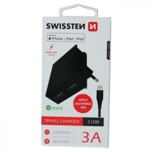 Gyorstöltés Swissten Smart IC 3.A 2 USB konektorral + Adatkábel USB /
Lightning MFi 1,2 m, fekete