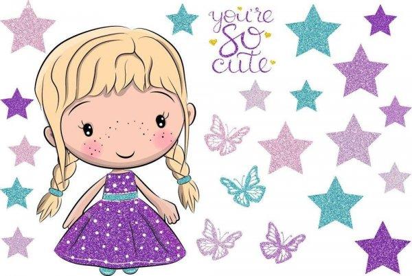 Lila ruhás szőke hajú kislány, csillagos glitteres falmatrica  |  23 db-os
szett | 70 cm x 45 cm-től - babaszoba faldekoráció