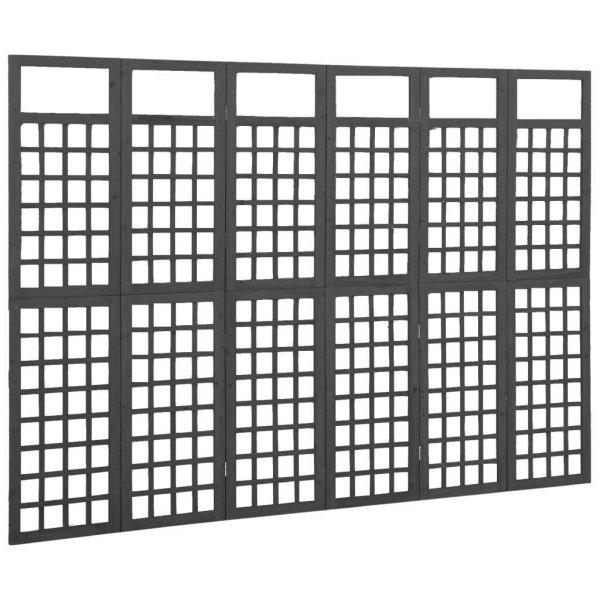 Fekete 6 paneles tömör fenyőfa térelválasztó/lugasrács 242,5x180cm