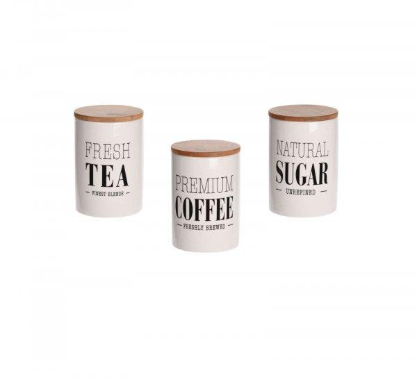 Excellent Houseware kávé/cukor/tea tárolóedény szett, dolomit/bambusz,
10x14,8 cm, 800 ml, fehér/barna