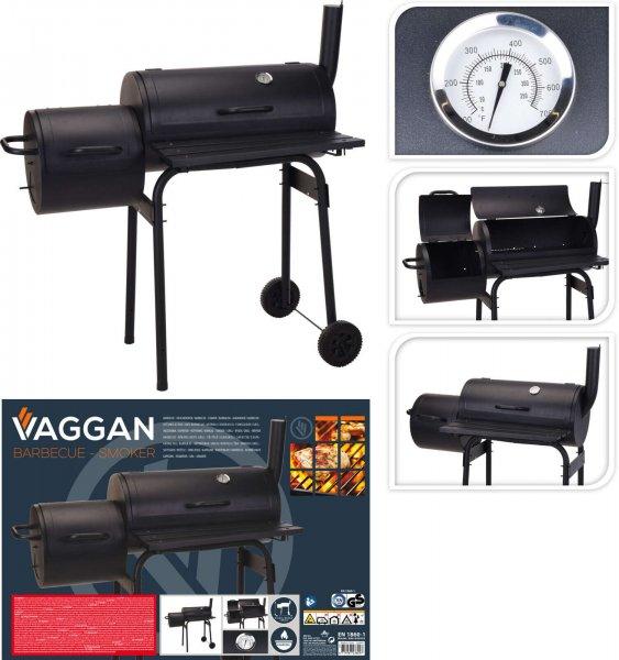 Vaggan faszenes grill füstölővel, fém, 106x63x110 cm, fekete