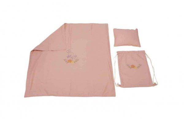 Takaró + párna + hátizsák szett, hímzéssel, vászon, rózsaszín