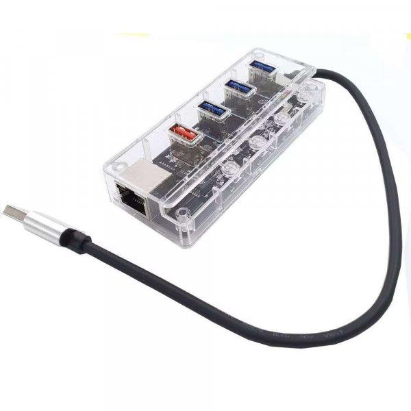 5-portos USB Hub Elosztó/Töltő, BYL-1719C (USB-C -> 3xUSB3.0, 1xQC2.0
töltő, 1xEthernet), átlátszó