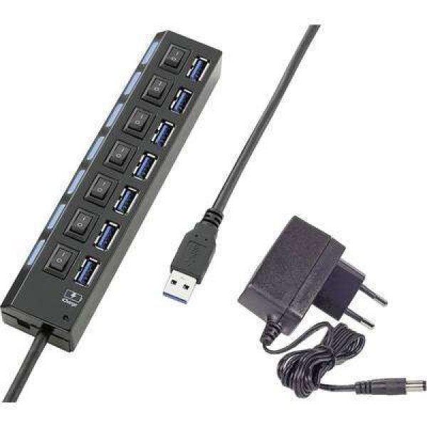 7 portos USB 3.0 hub, külön kapcsolható, státusz LED, iPad
töltőcsatlakozó, fekete, Renkforce