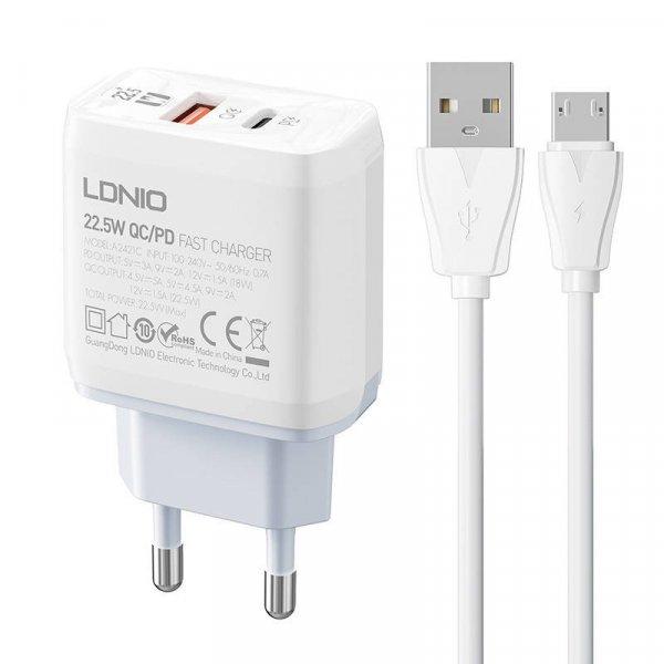 LDNIO A2421C USB, USB-C 22,5W hálózati töltő + MicroUSB kábel