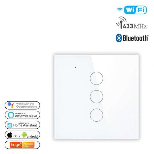 Simplife okos 3 csatornás villanykapcsoló (WiFi + RF)  – fehér – (csak
fázis, vagy fázis+nulla kötéssel) PST-WT-E3-W