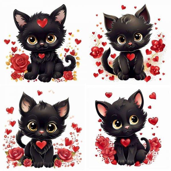 Fekete macskás, piros szíves falmatrica csomag |  8 + 24 db-os szett | 80 cm x
80 cm - babaszoba faldekoráció