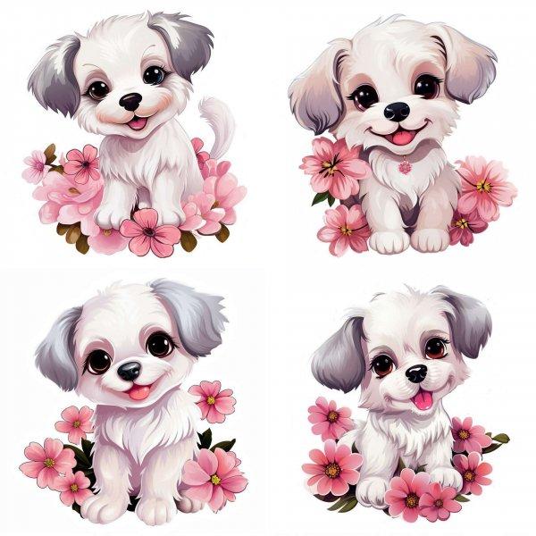 Cuki kutyusok, pink virágos falmatrica  |  8 + 24 db-os szett | 80 cm x 80 cm -
babaszoba faldekoráció