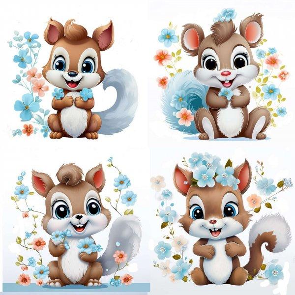 Erdei mókusok, kék virággal gyerek falmatrica | 8 + 24 db-os szett | 80 cm x
80 cm - babaszoba faldekoráció