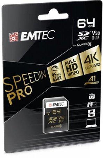 Memóriakártya, SDXC, 64GB, UHS-I/U3/V30, 95/85 MB/s, EMTEC "SpeedIN"