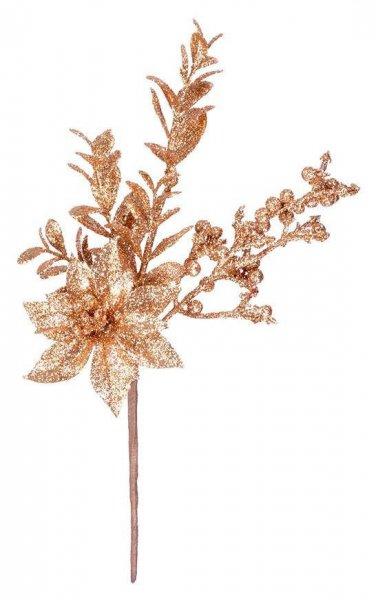 MagicHome karácsonyi ág, mikulásvirággal és bogyókkal, arany, 24 cm