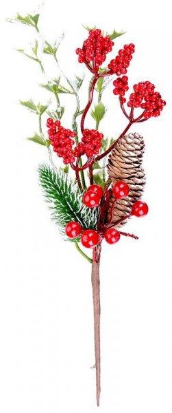 MagicHome karácsonyi ág, bogyókkal és tobozokkal, piros, havas, 27 cm