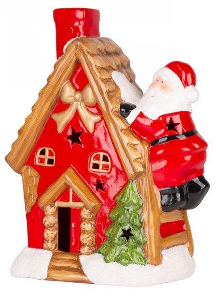 MagicHome karácsonyi dekoráció, Házikó Mikulással a tetőn, LED,
terrakotta, felfüggesztő, 2x AAA, 27