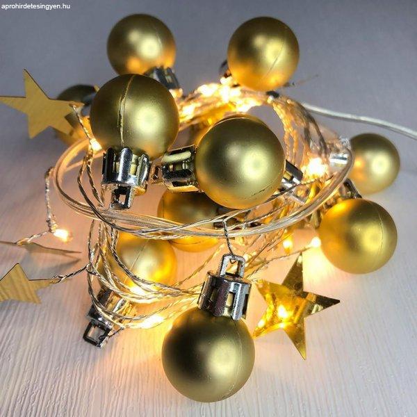 Lánc MagicHome Karácsony Ball, 20 LED meleg fehér, gömbökkel és
csillagokkal, arany, 2x AA, egyszerű