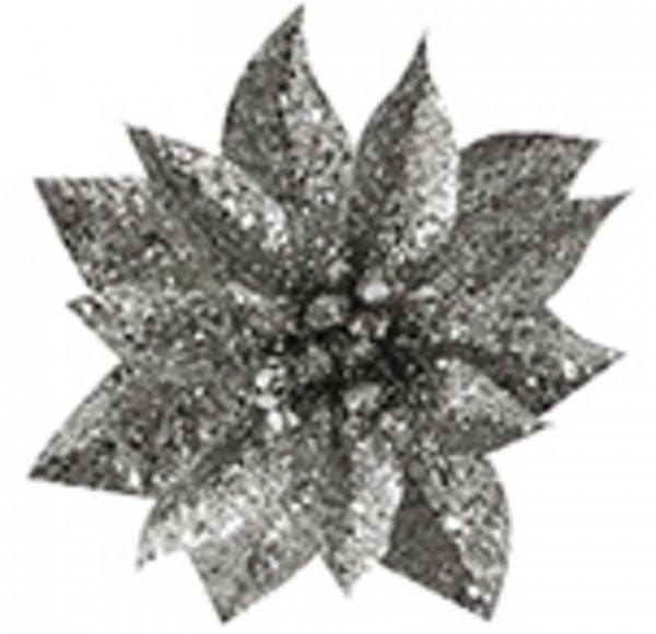 Virág Glitterpoinsettia, Csipeszel, Ezüst, 9x8 cm, 6 db