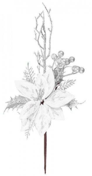 MagicHome karácsonyi ág, virággal, ezüst, 27 cm