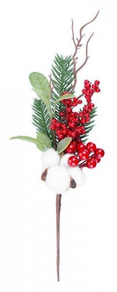 MagicHome karácsonyi ág, bogyókkal és pamuttal, 34 cm
