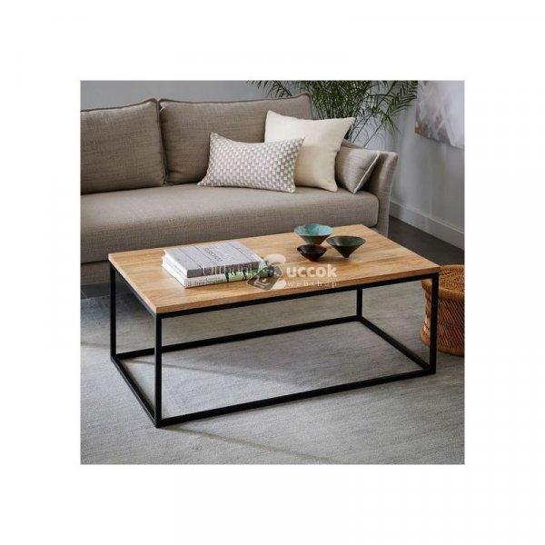 Elite Home® Elegáns, minimalista stílusú fekete fémvázas dohányzóasztal,
tölgy színű asztallappal