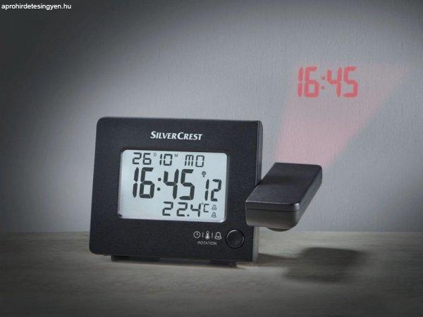 Auriol / SilverCrest SFPW 360 B1 BK DCF rádióvezérelt projektoros óra,
kivetítős ébresztőóra és hőmérő USB töltővel, folyamatos
kivetítéssel (fekete)