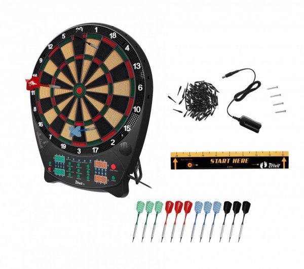 Crivit FS elektromos darts tábla 4 db világító LED kijelzővel, 3x4 dart
szettel, hálózati adapterrel 100 pótheggyel (fekete-sárga)