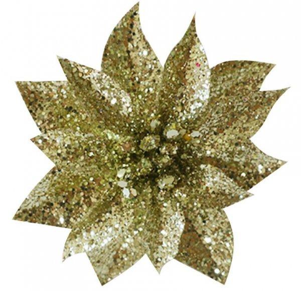 Virág GlitterPoinsettia, csipeszel, arany, 9x8cm