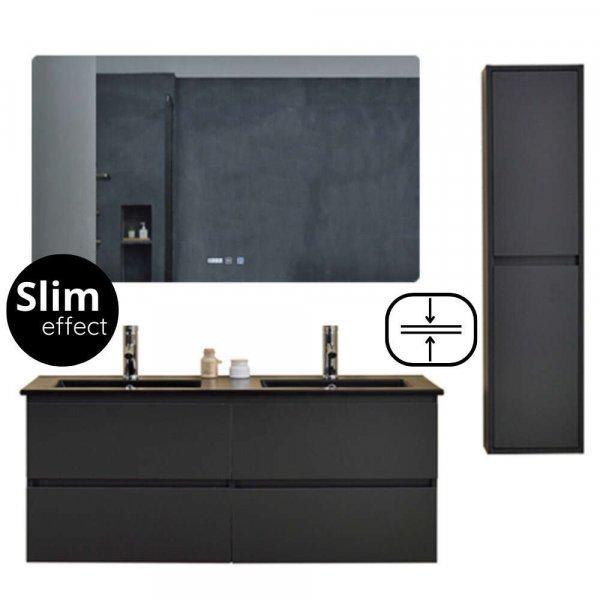 Hongkong Duo Antracit 120 komplett fürdőszoba bútor szett fali
mosdószekrénnyel, dupla fekete slim mosdóval, tükörrel és magas
szekrénnyel