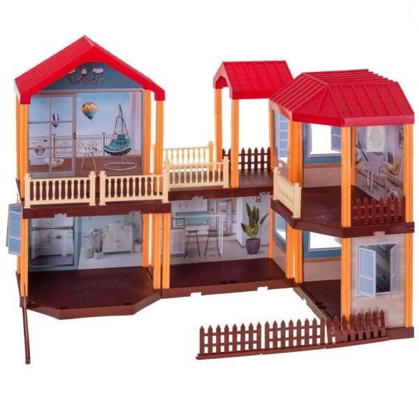 Babaház willa piros tető világítás + bútorok és babák