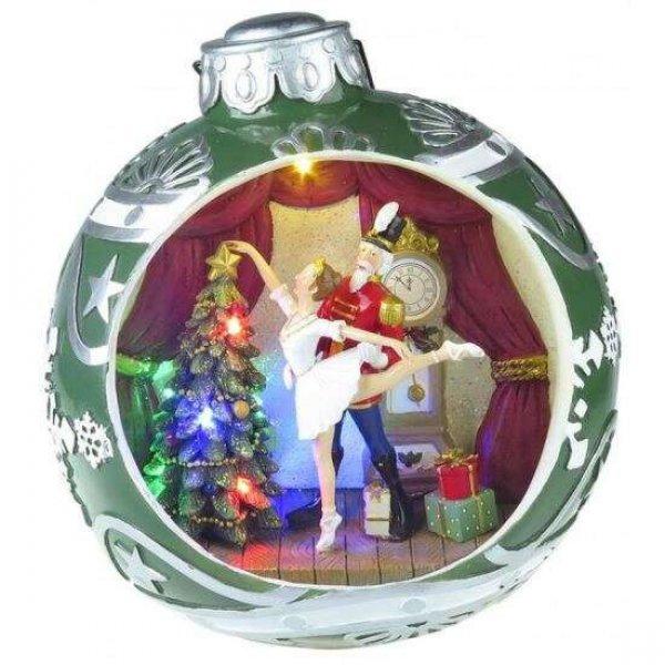 Strend Pro zenélő karácsonyi dekoráció, karácsonyfa gömb balerinával,
többszínű LED, 3xAA, 30.5x26.5 cm