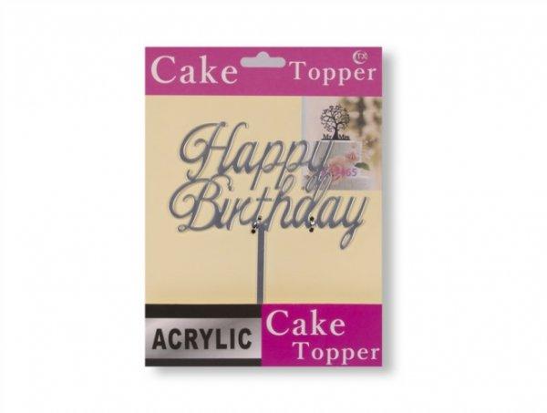 Műanyag ezüst színű Happy Birthday felirat tortadísz beszúró