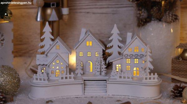 Karácsonyi LED falu dekoráció, fa, elemes, 6+18h, 6LED, 3000K, 2xAA