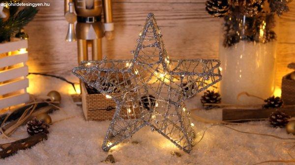Karácsonyi LED csillag, ezüst, fém, elemes, 6+18h, 20LED, 3000K, 2xAA