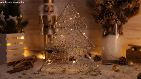 Karácsonyi LED fenyő, arany, fém, elemes, 6+18h, 15LED, 3000K, 2xAA