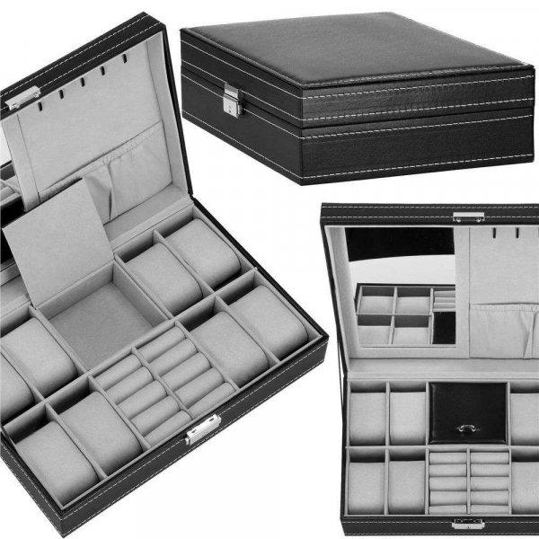 Tároló doboz és órák és egyéb kiegészítők szervezése, MDF, öko-bőr,
33x20x9cm, fekete