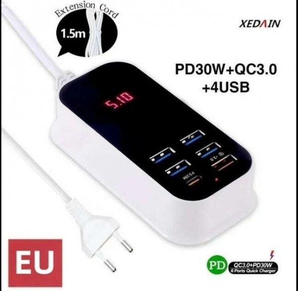 Hálózati, usb gyors töltő,PD 30 W+QC3.0 + 4 USB