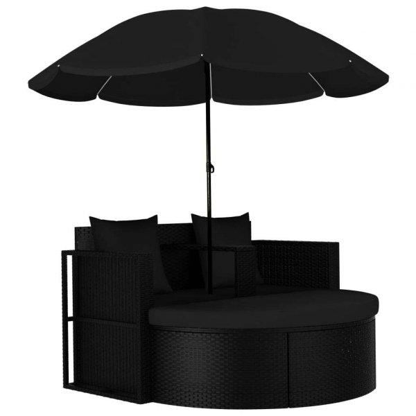 vidaXL fekete polyrattan kerti ágy napernyővel